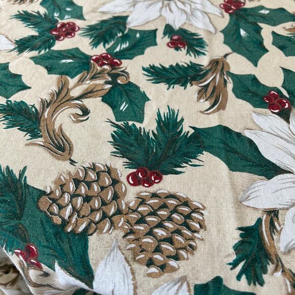 Vintage Christmas floral oval tablecloth pinecones poinsettia holly table decor - Picture 4 of 7